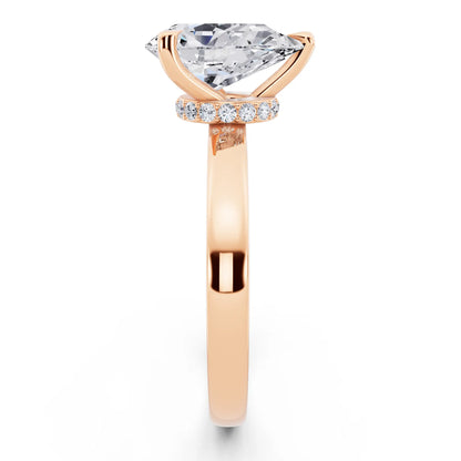 18 KT Rose Gold Pear Cut Diamond Solitaire Ring with Pave Collar - side view