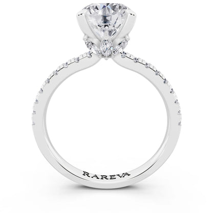 14 KT White Gold Round Cut Diamond Solitaire Ring with Marquise Collar - through finger