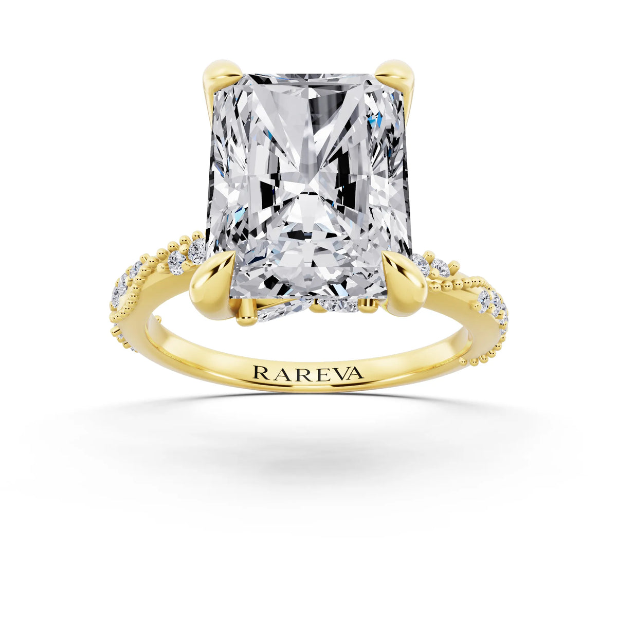 14 KT Yellow Gold Radiant Cut Diamond Ring with Marquise Accent - front view