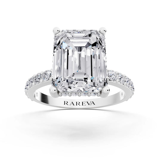 18 KT White Gold Emerald Cut Diamond Solitaire Ring with Hidden Halo and Pave Band - front view