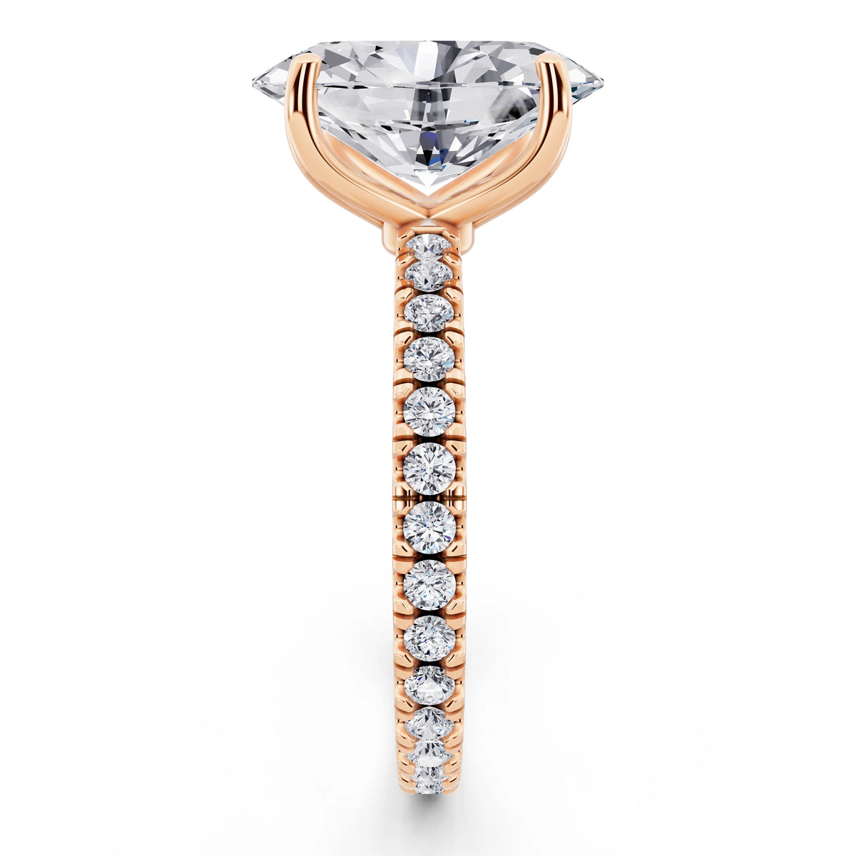 14 KT Rose Gold Oval Cut Diamond Solitaire Ring with Pave Eternity Band - side view