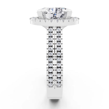 18 KT White Gold Oval Cut Diamond Halo Ring with Twin Pave Band - side view
