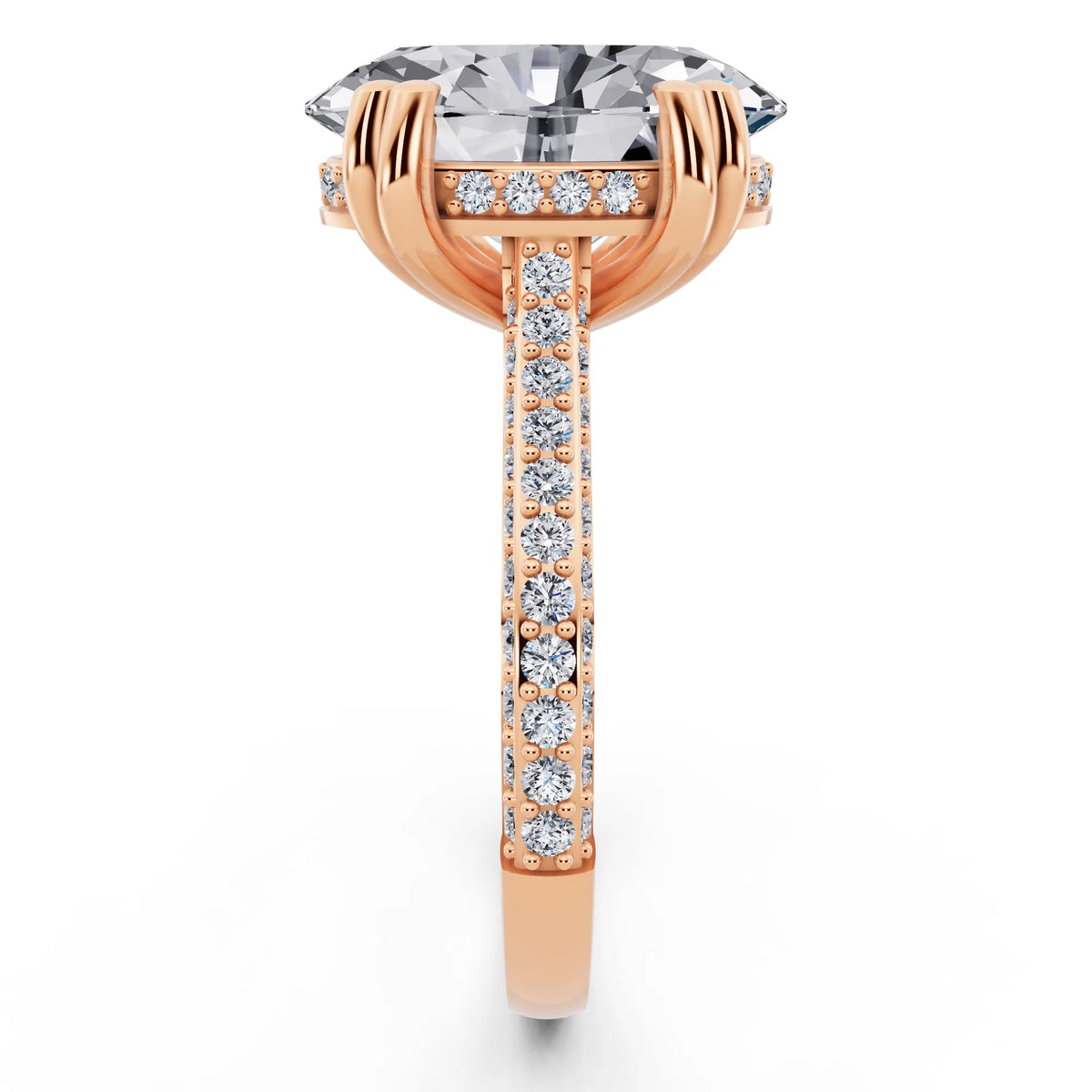 14 KT Rose Gold Oval Cut Diamond Hidden Halo Double Claw Pave Band Ring - side view