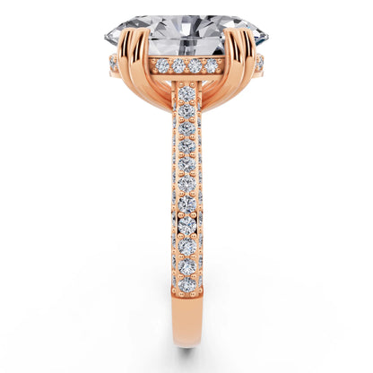 14 KT Rose Gold Oval Cut Diamond Hidden Halo Double Claw Pave Band Ring - side view
