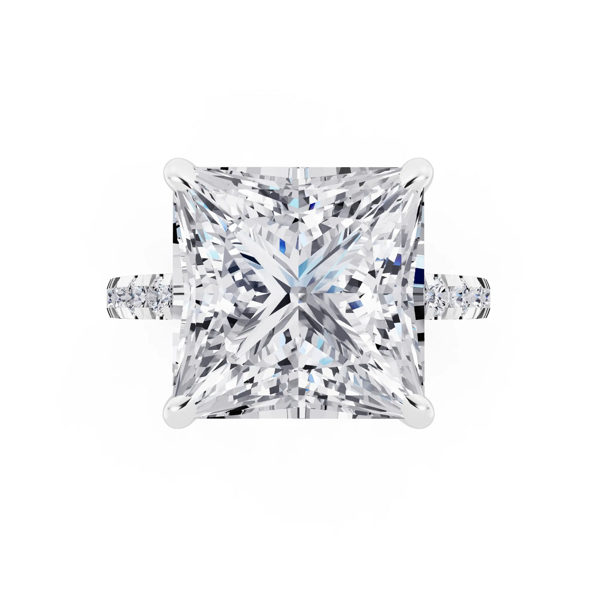 14 KT White Gold Princess Cut Diamond Hidden Halo Tiger Prong Pave Band Ring - top angle