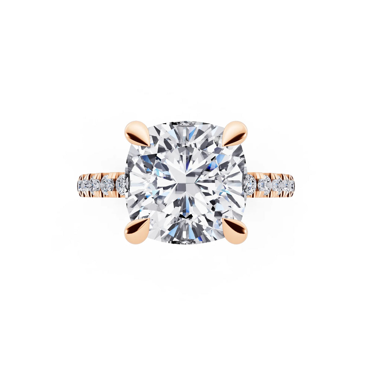 18 KT Rose Gold Cushion Cut Diamond Solitaire Ring with Round Pavé Band and Prong Setting - top angle