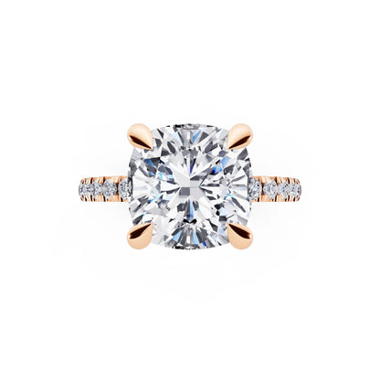 18 KT Rose Gold Cushion Cut Diamond Solitaire Ring with Round Pavé Band and Prong Setting - top angle