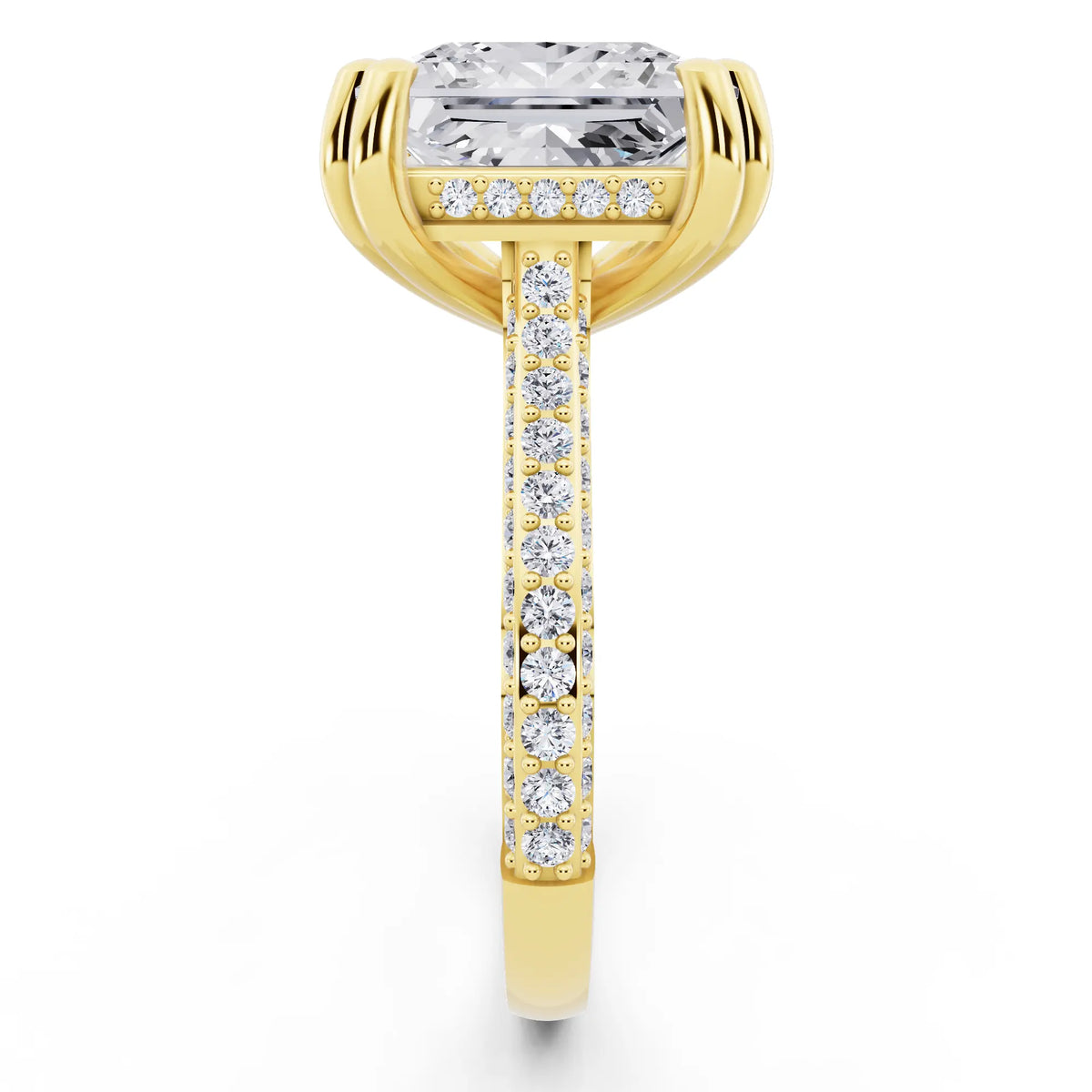 18 KT Yellow Gold Princess Cut Diamond Hidden Halo Double Claw Pave Band Ring - side view
