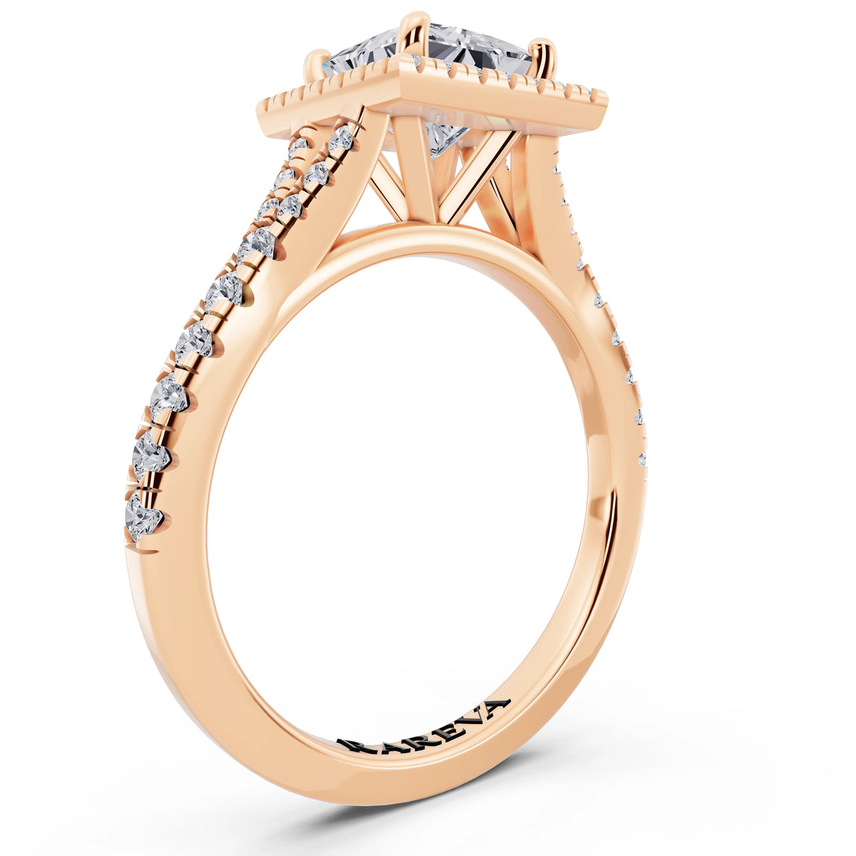 14 KT Rose Gold Princess Cut Diamond Halo Ring with Split Shank - top view