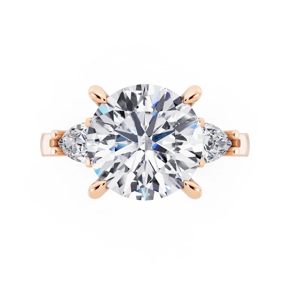 14 KT Rose Gold Round Cut Diamond Three Stone Pear Accent Vintage Pave Ring - top angle