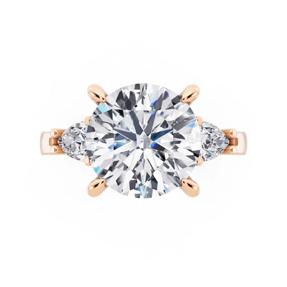 14 KT Rose Gold Round Cut Diamond Three Stone Pear Accent Vintage Pave Ring - top angle