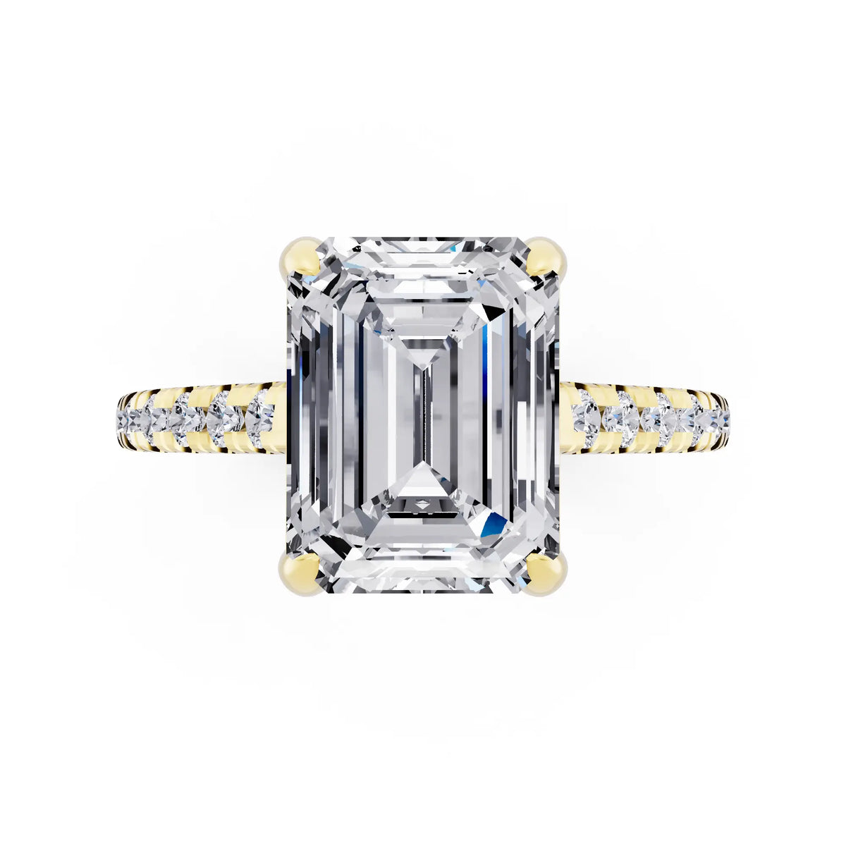 18 KT Yellow Gold Emerald Cut Diamond Claw Prong Solitaire Ring with French Pave Band - top angle