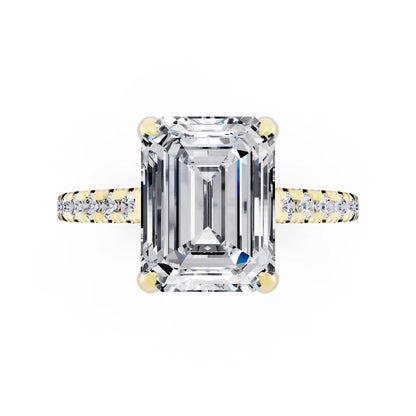 18 KT Yellow Gold Emerald Cut Diamond Claw Prong Solitaire Ring with French Pave Band - top angle