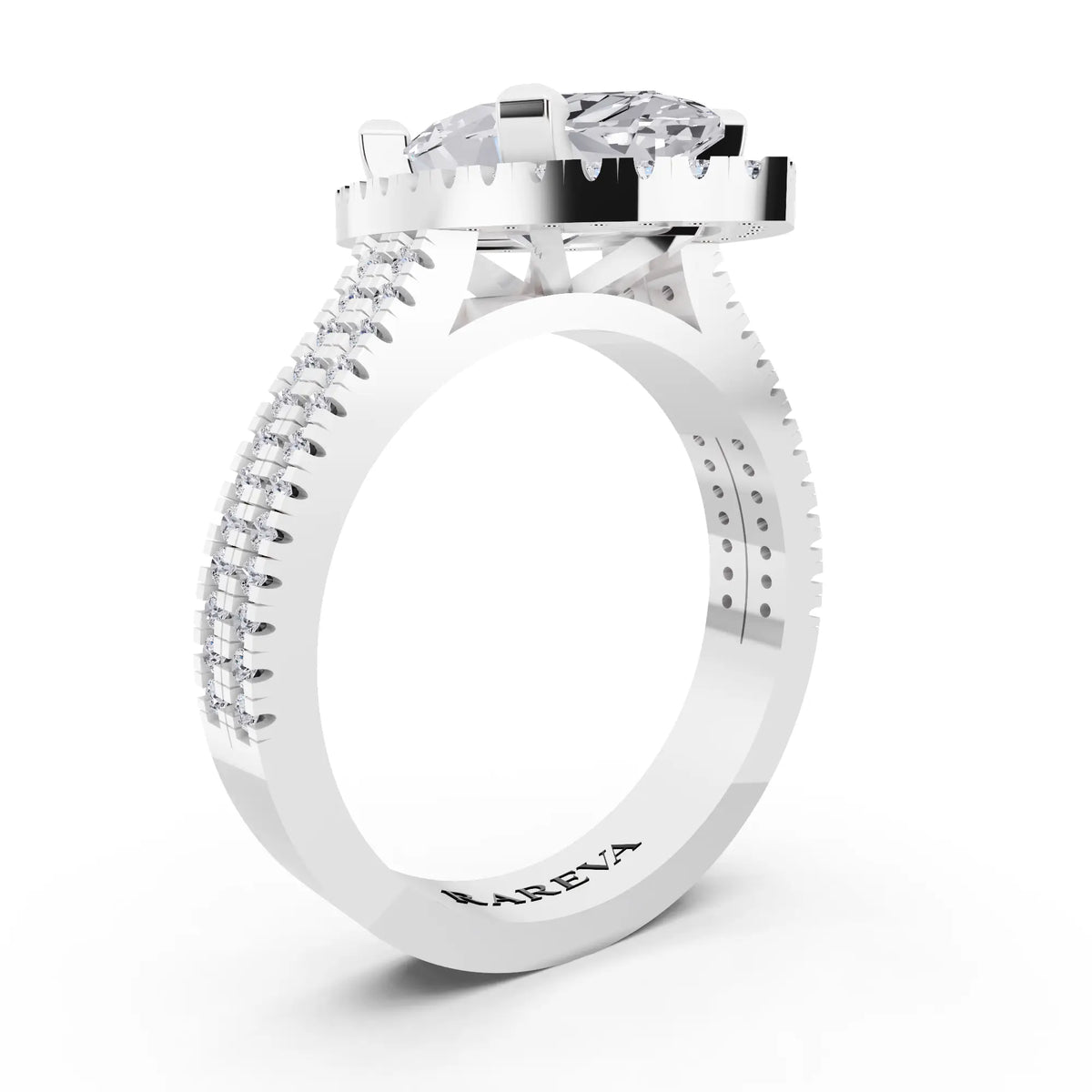 Platinum Marquise Cut Diamond Halo Ring with Twin Pave Band - top view
