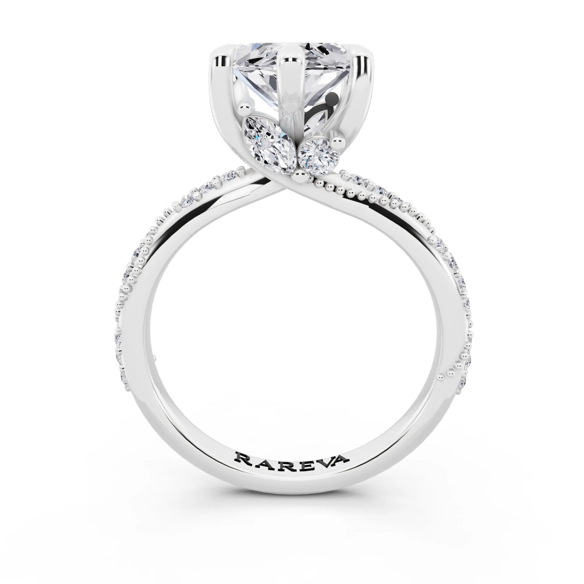 14 KT White Gold Marquise Cut Diamond Ring with Marquise Accent - through finger