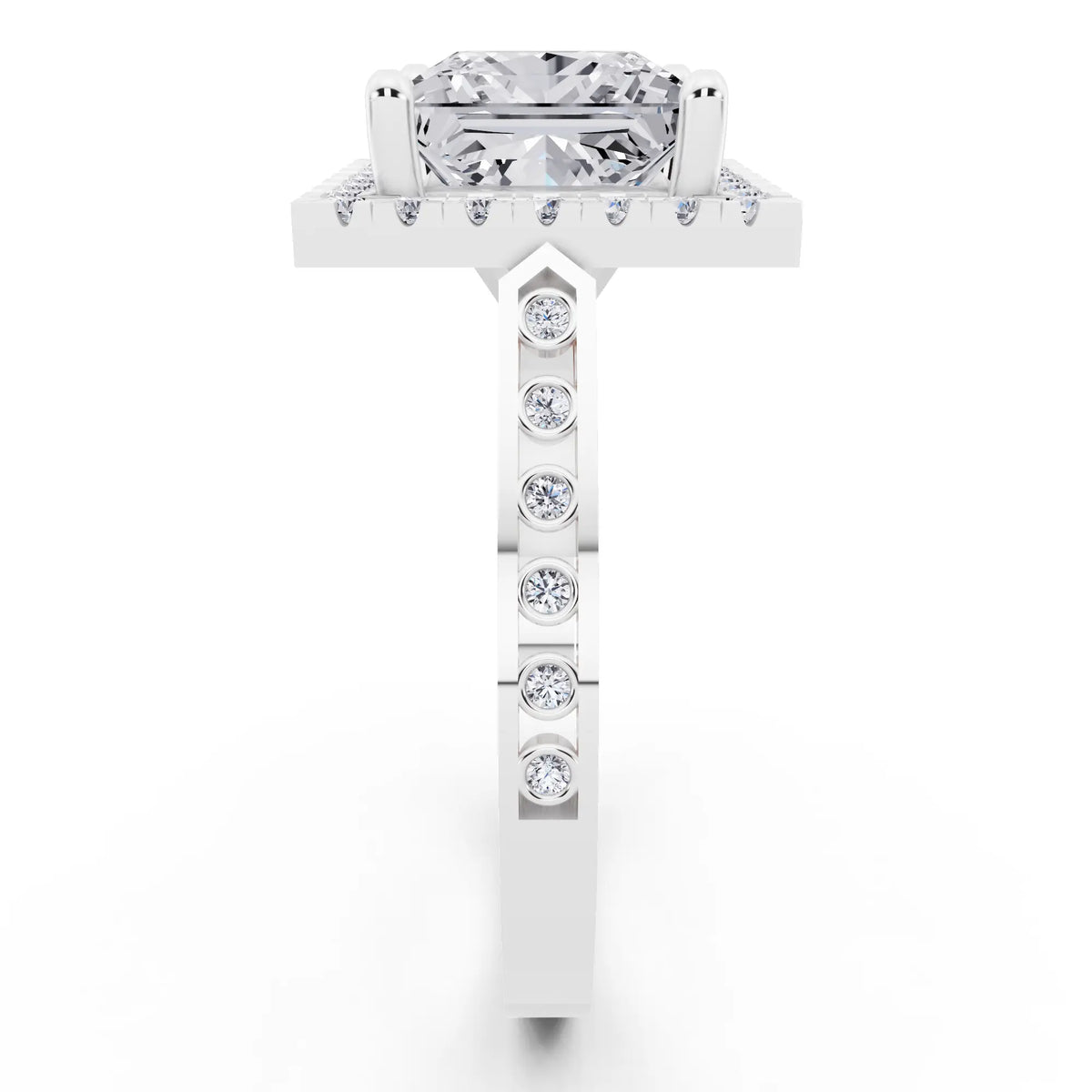 Platinum Princess Cut Diamond Halo Ring with Bezel Accent Band - side view