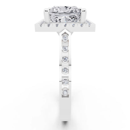 Platinum Princess Cut Diamond Halo Ring with Bezel Accent Band - side view
