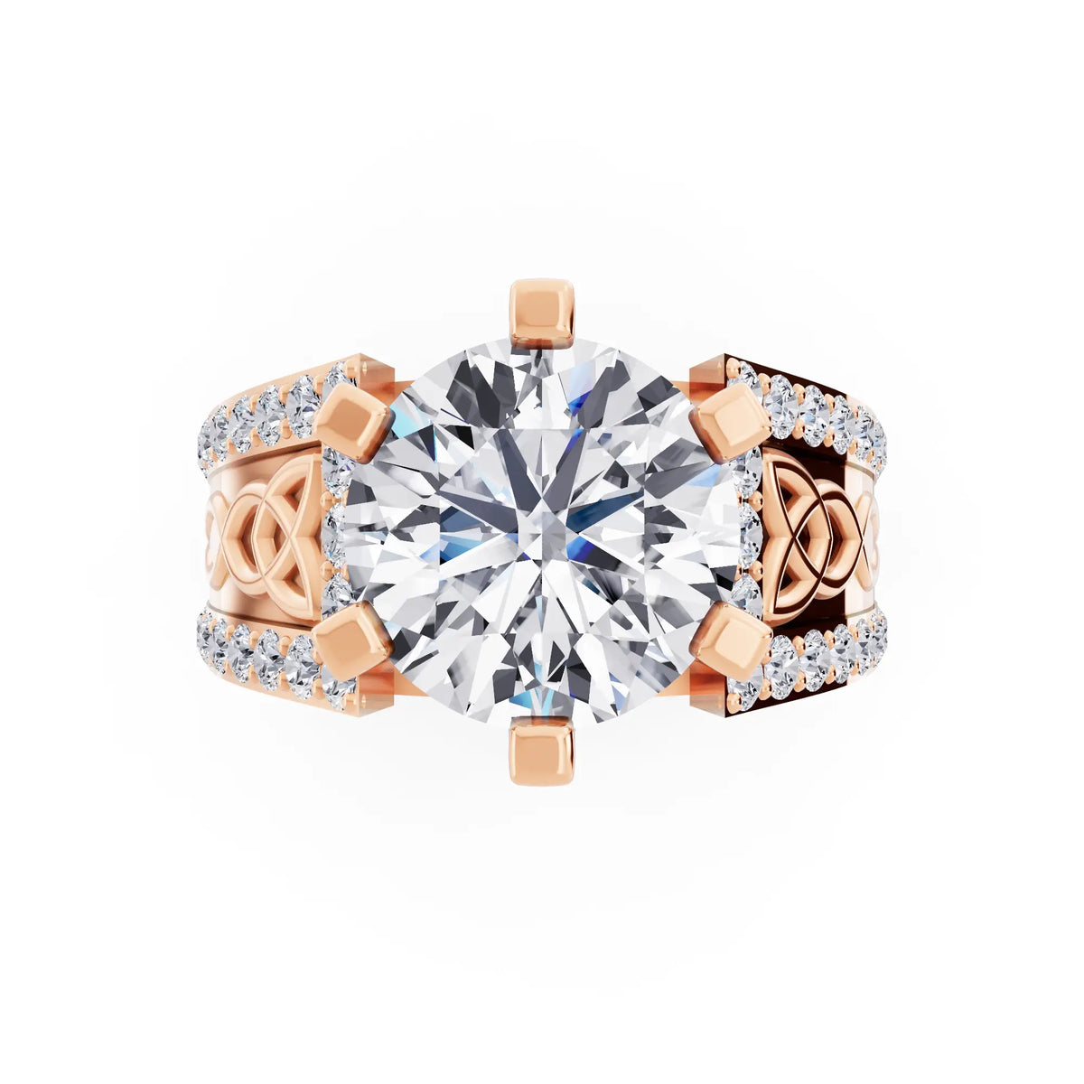 18 KT Rose Gold Round Cut Diamond Solitaire Ring with Celtic Knot Band - Top down