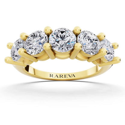 14K Yellow Gold Five Stone Round Cut Diamond Half Eternity Wedding Band - 2.7mm - Front