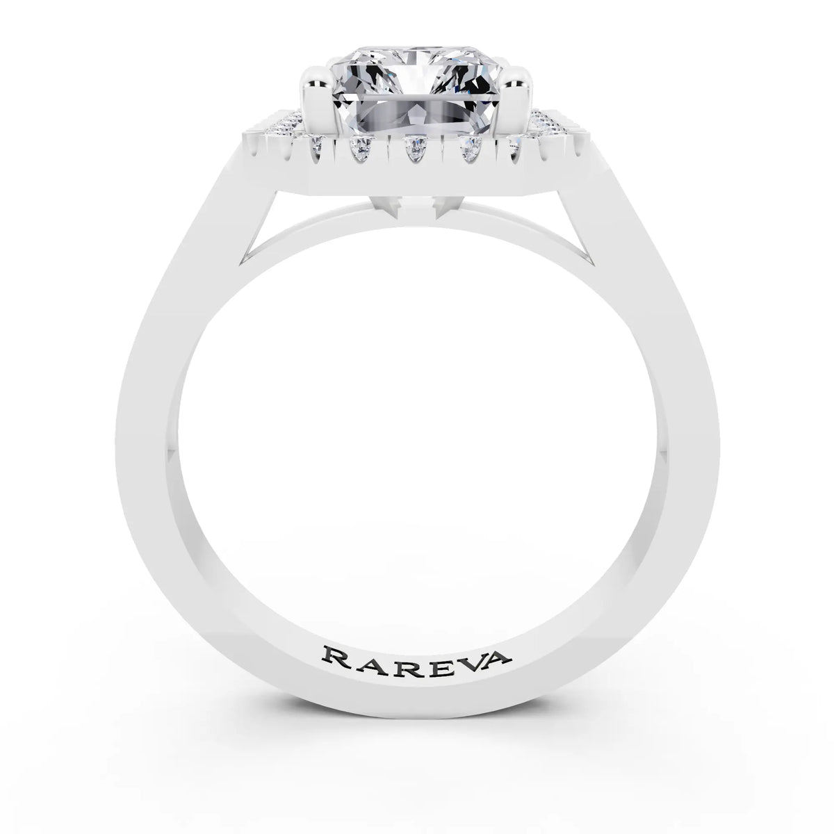 14 KT White Gold Radiant Cut Diamond Halo Ring with Bezel Accent Band - through finger