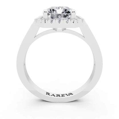 14 KT White Gold Radiant Cut Diamond Halo Ring with Bezel Accent Band - through finger