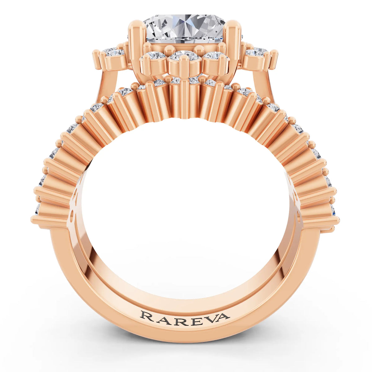 14 KT Rose Gold Round Cut Diamond Sunburst Halo Ring with Graduated Band - Through