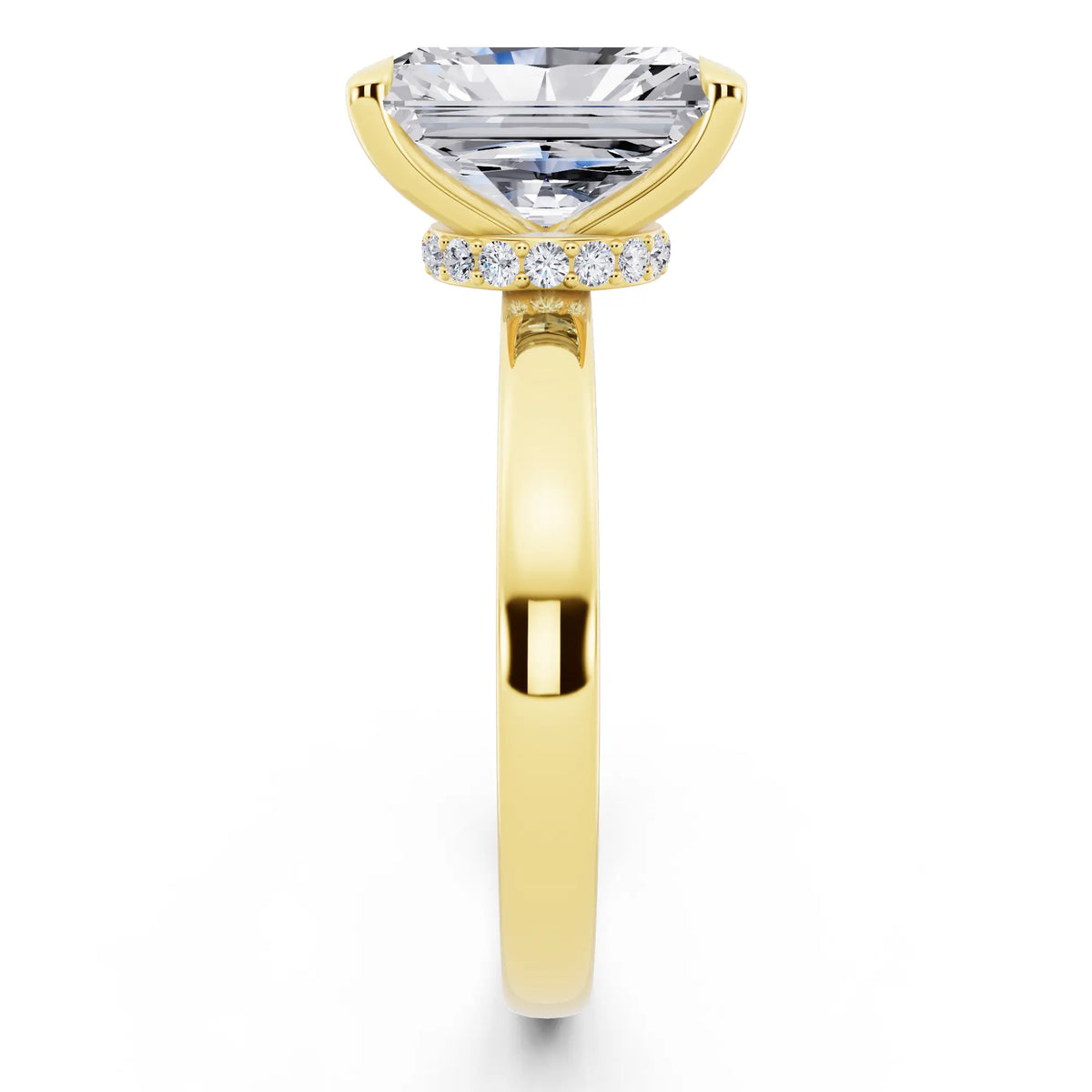 18 KT Yellow Gold Radiant Cut Diamond Solitaire Ring with Pave Collar - side view