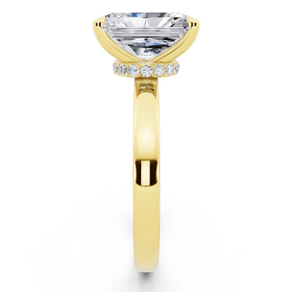 18 KT Yellow Gold Radiant Cut Diamond Solitaire Ring with Pave Collar - side view