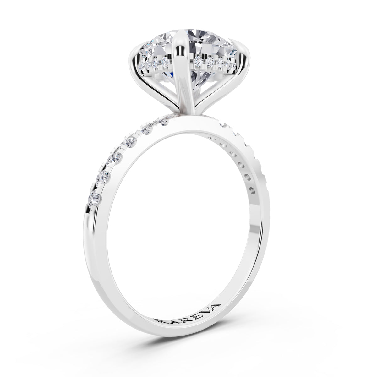 14 KT White Gold Round Cut Diamond Solitaire Ring with Round Pavé Band and Prong Setting - top view