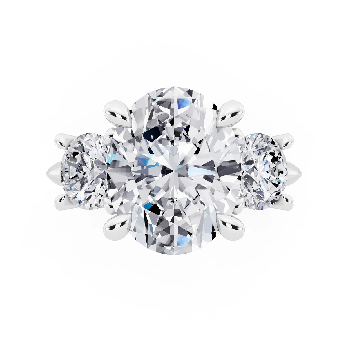 Platinum Oval Cut Diamond Three Stone Ring with Round Accents - top angle