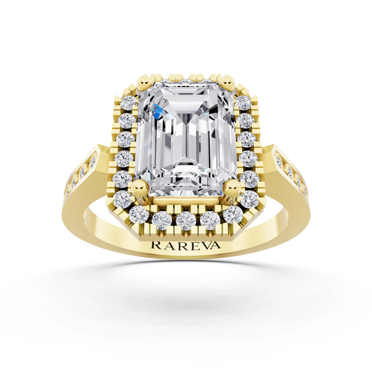 14 KT Yellow Gold Emerald Cut Diamond Halo Ring with Bezel Accent Band - front view