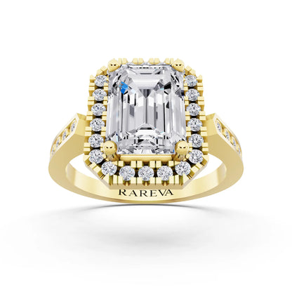 14 KT Yellow Gold Emerald Cut Diamond Halo Ring with Bezel Accent Band - front view