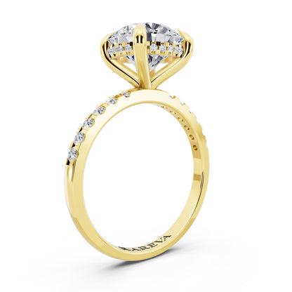 18 KT Yellow Gold Round Cut Diamond Solitaire Ring with Round Pavé Band and Prong Setting - top view