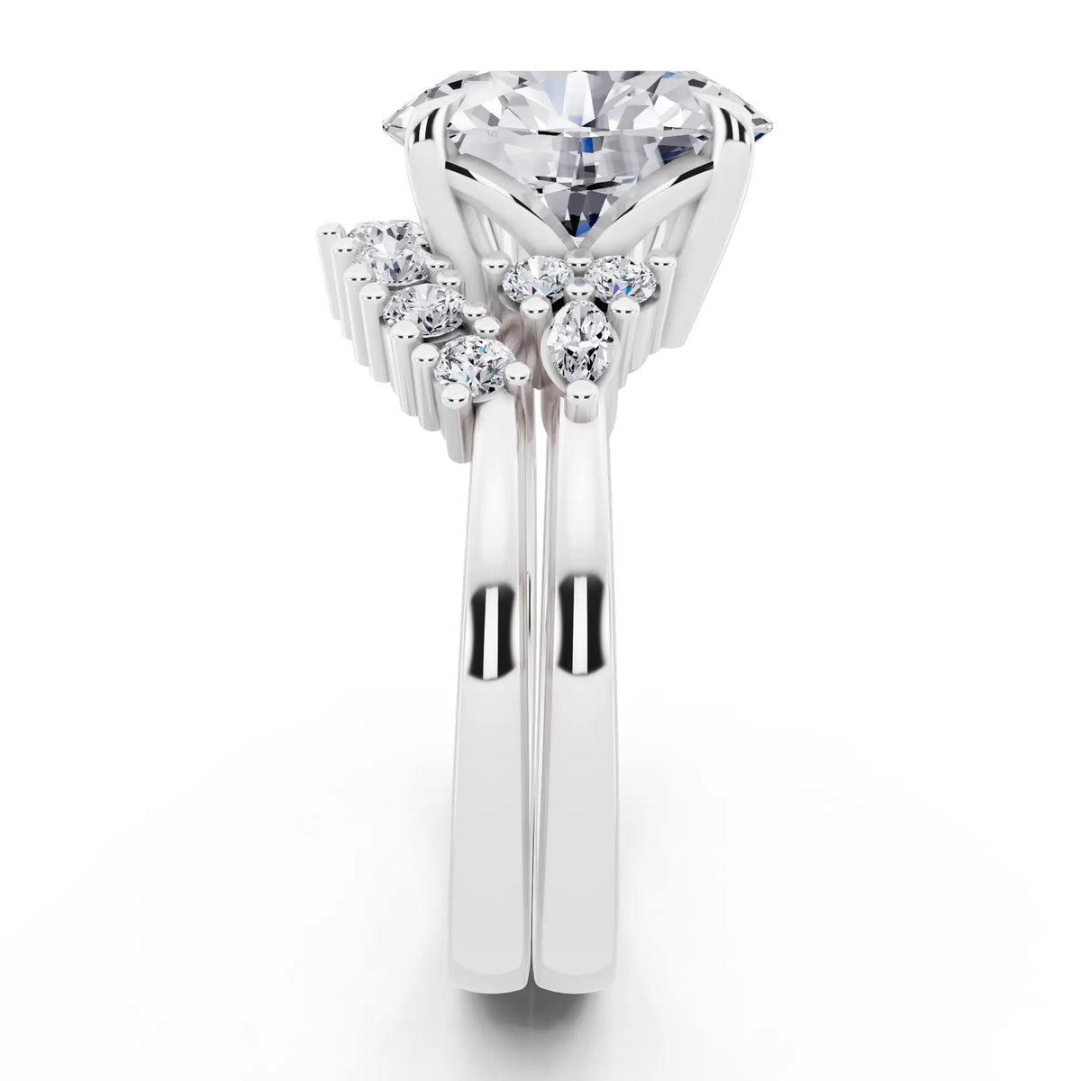 18 KT White Gold Oval Cut Diamond Ring with Curved Cluster Band - side view