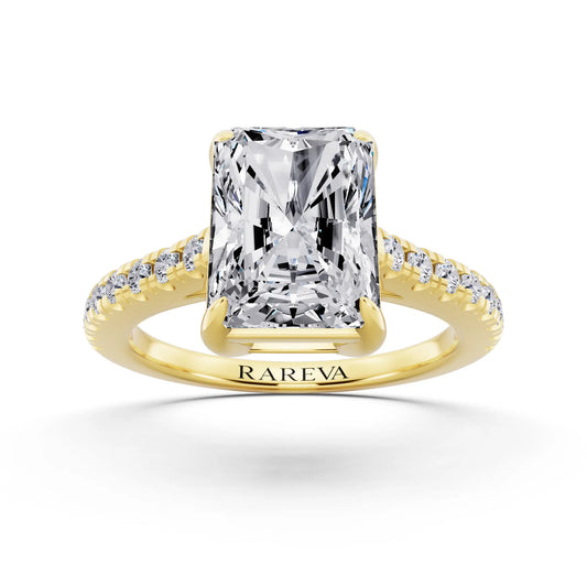 18 KT Yellow Gold Radiant Cut Diamond Claw Prong Solitaire Ring with French Pave Band - front view
