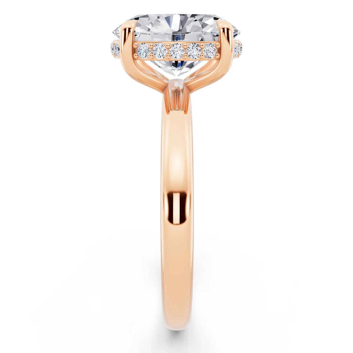 18 KT Rose Gold Oval Cut Diamond Hidden Halo Solitaire Ring - side view
