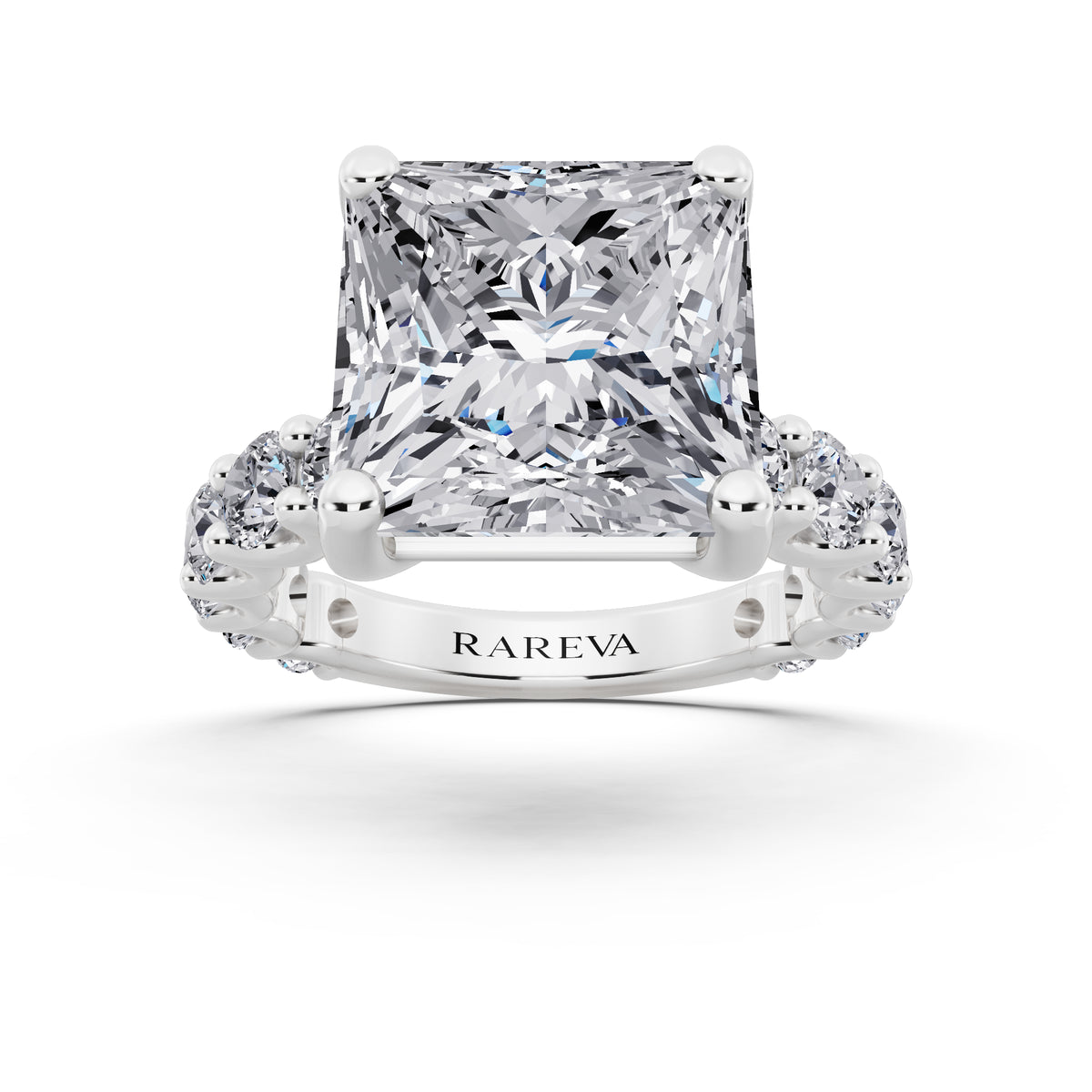14 KT White Gold Princess Cut Diamond Ring with Shared Prong Eternity Band - front view