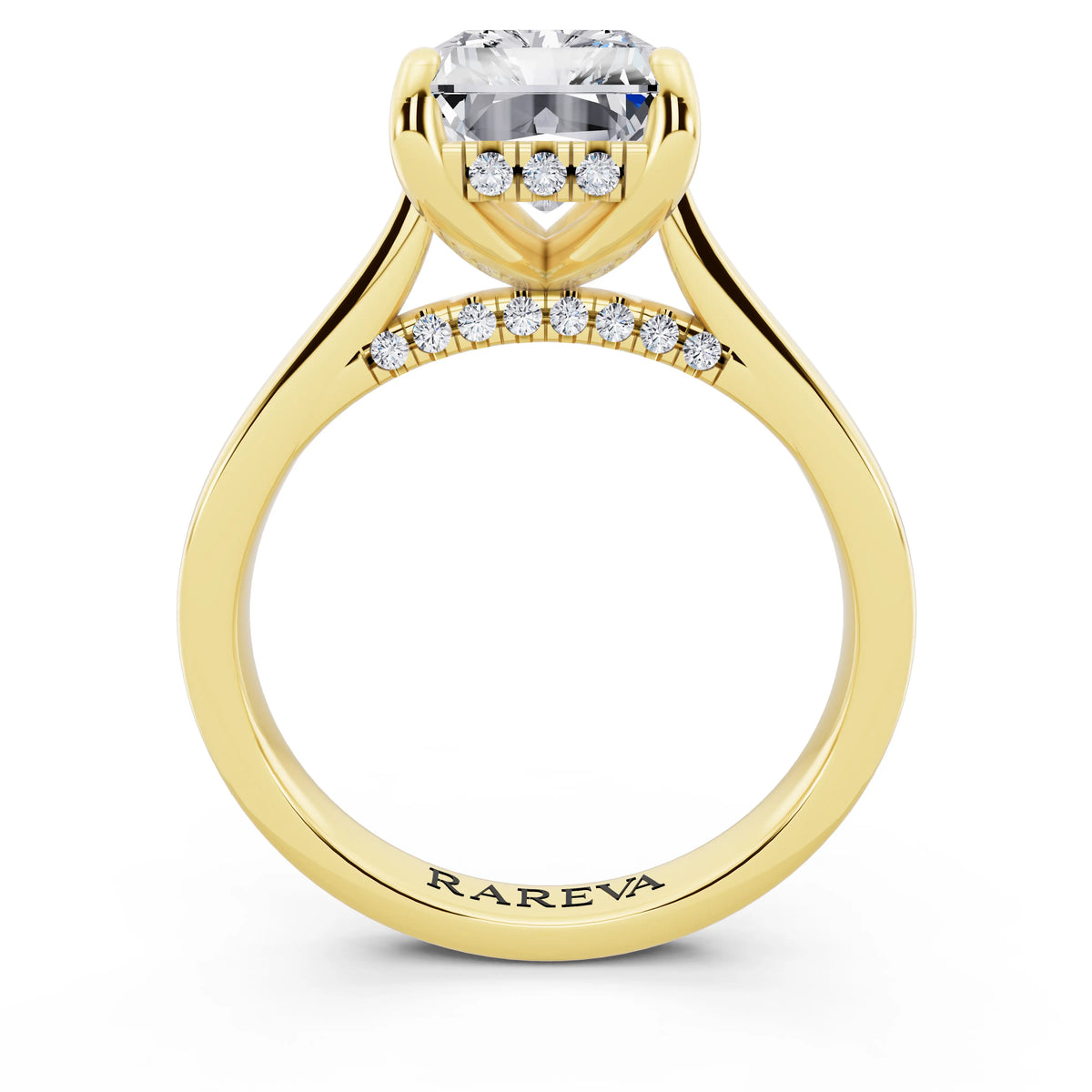 18 KT Yellow Gold Radiant Cut Diamond Solitaire Ring with Cathedral Band - through finger
