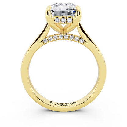 18 KT Yellow Gold Radiant Cut Diamond Solitaire Ring with Cathedral Band - through finger