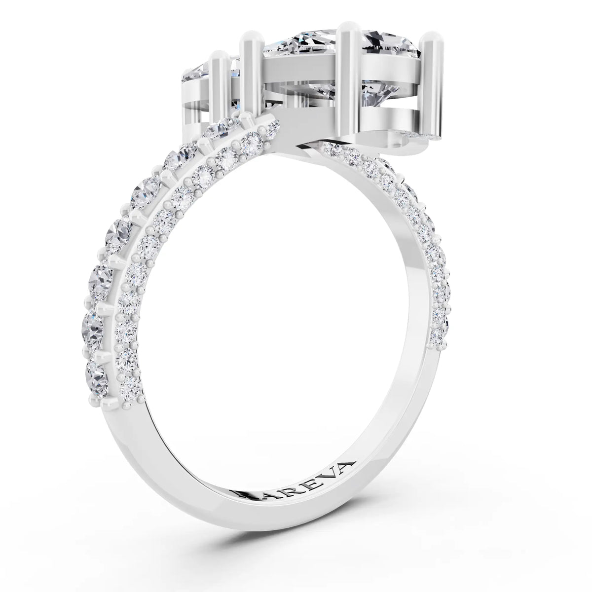 18 KT White Gold Pear Cut Diamond Two Stone Ring with Pave Band - Top view
