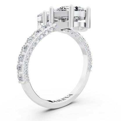 18 KT White Gold Pear Cut Diamond Two Stone Ring with Pave Band - Top view