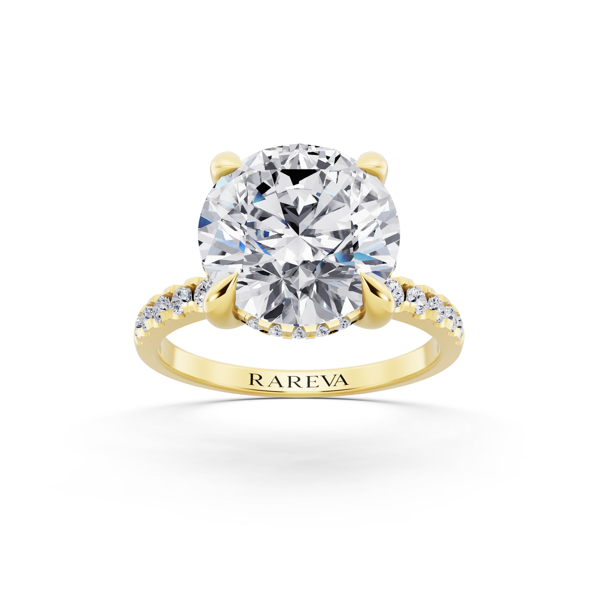18 KT Yellow Gold Round Cut Diamond Solitaire Ring with Round Pavé Band and Prong Setting - front view