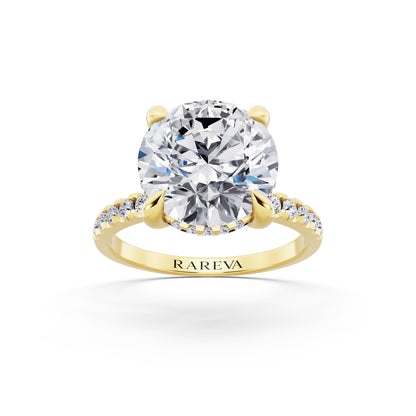18 KT Yellow Gold Round Cut Diamond Solitaire Ring with Round Pavé Band and Prong Setting - front view