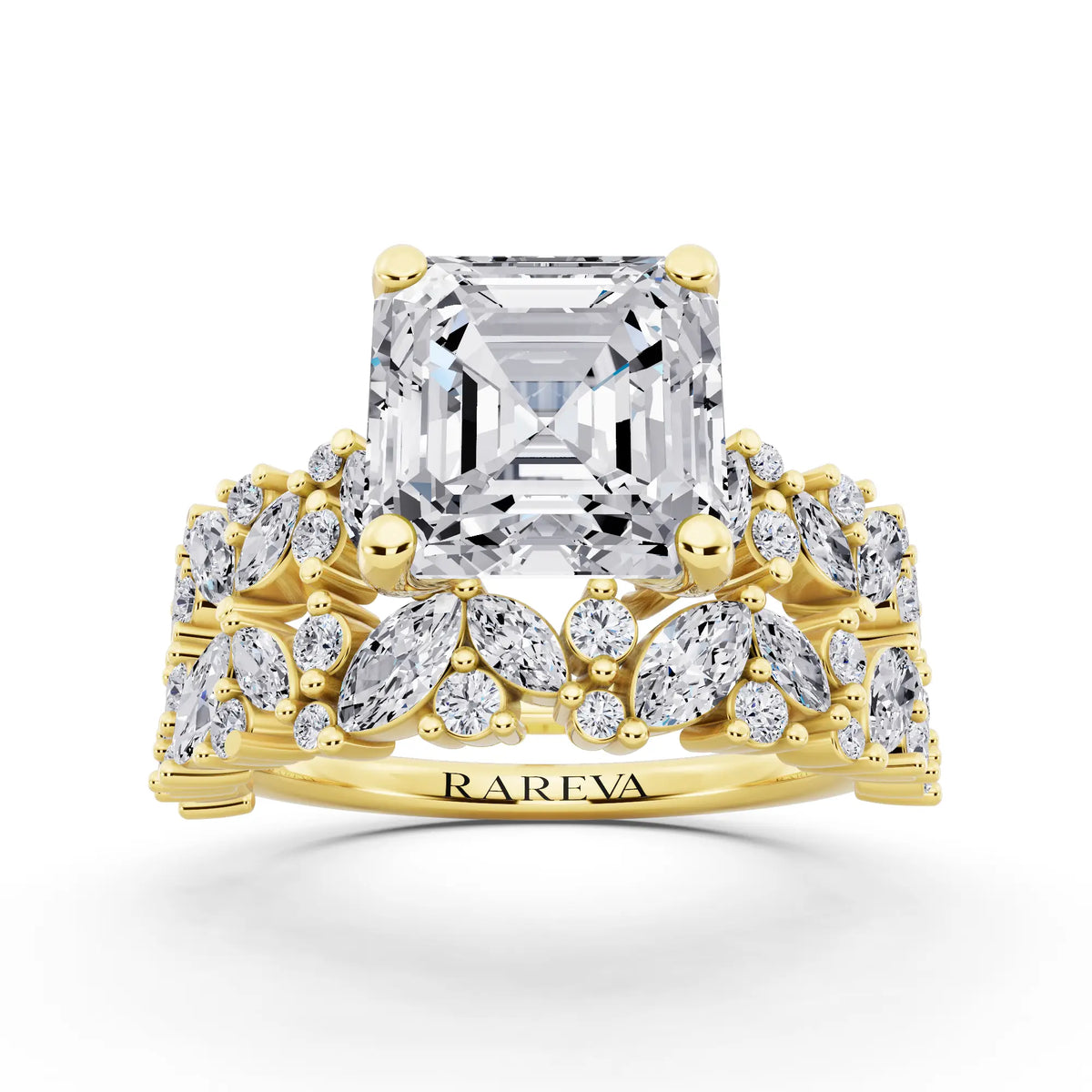 14 KT Yellow Gold Asscher Cut Diamond Ring with Marquise Cluster Band - front view