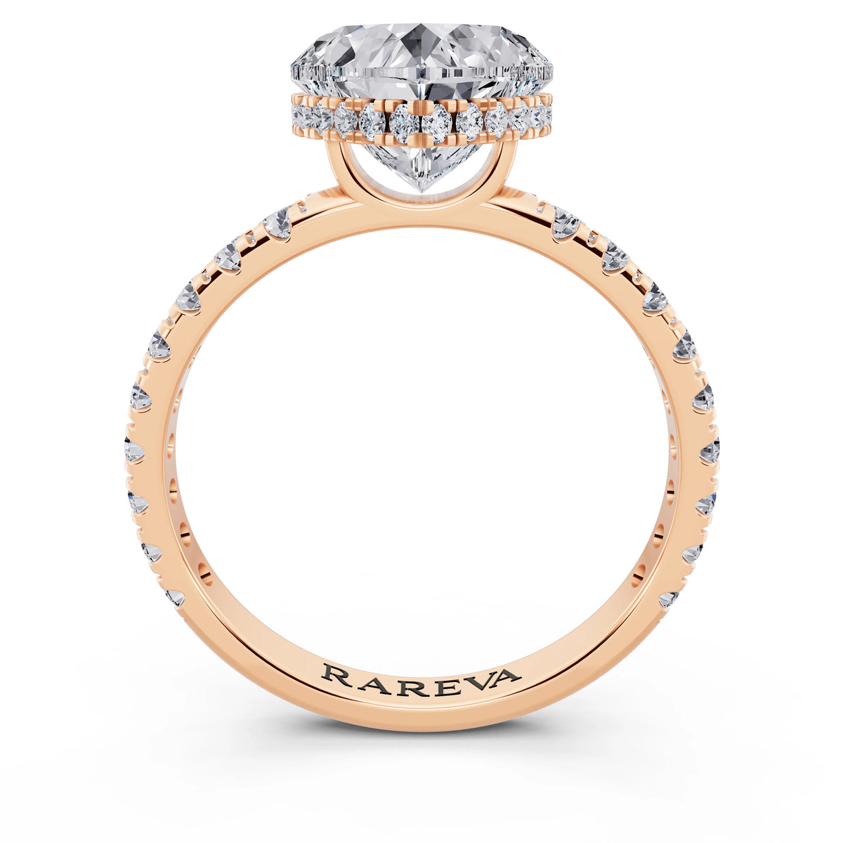 14 KT Rose Gold Heart Cut Diamond Solitaire Ring with Hidden Halo and French Pave Band - through finger