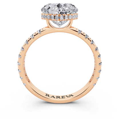 14 KT Rose Gold Heart Cut Diamond Solitaire Ring with Hidden Halo and French Pave Band - through finger