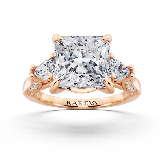 14 KT Rose Gold Princess Cut Diamond Three Stone Pear Accent Vintage Pave Ring - front view