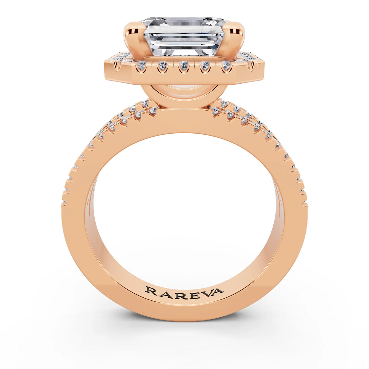 14 KT Rose Gold Asscher Cut Diamond Halo Ring with Pave Split Shank - through finger