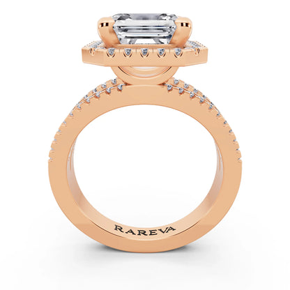 14 KT Rose Gold Asscher Cut Diamond Halo Ring with Pave Split Shank - through finger