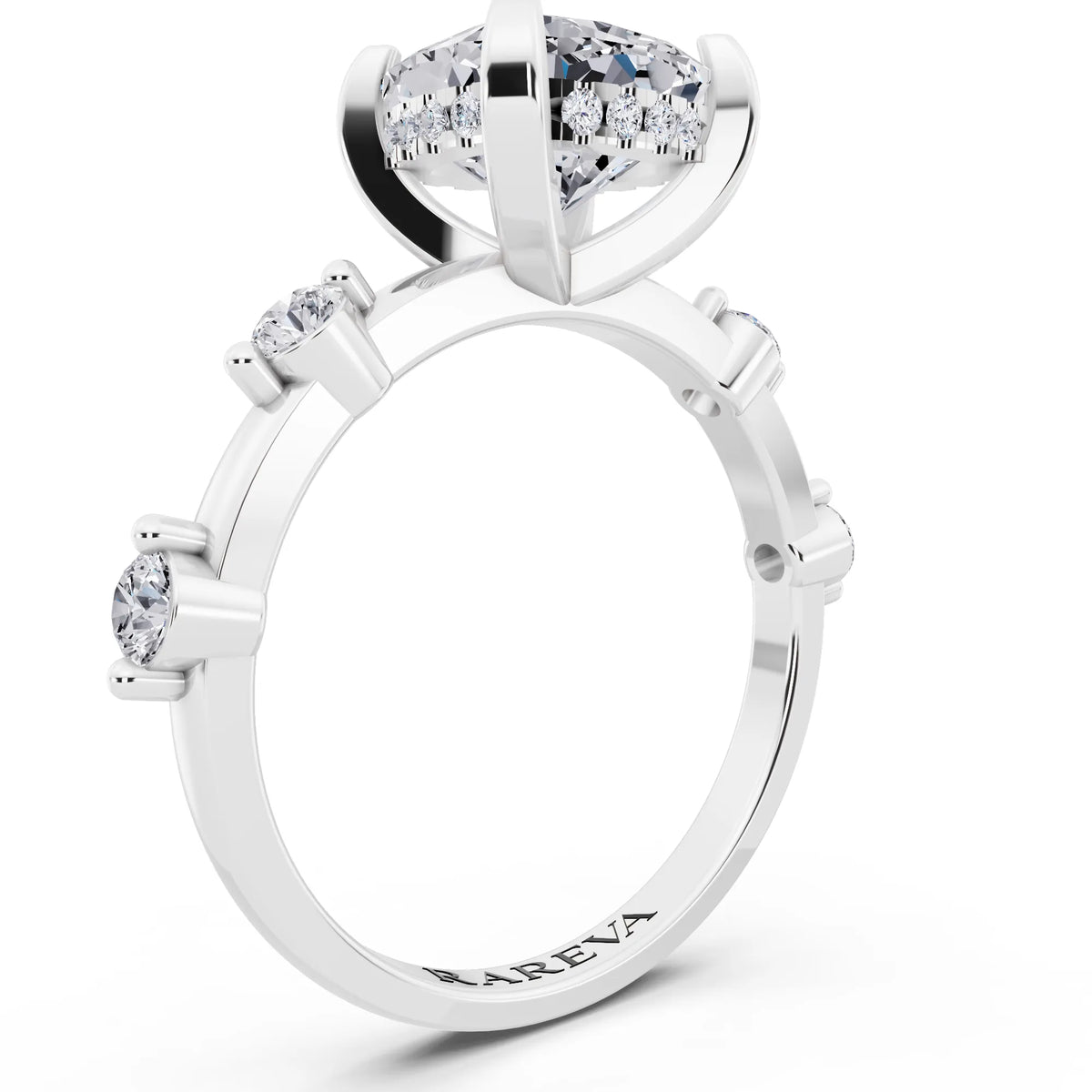18 KT White Gold Cushion Cut Diamond Solitaire Ring with Floating Diamond Accents - top view